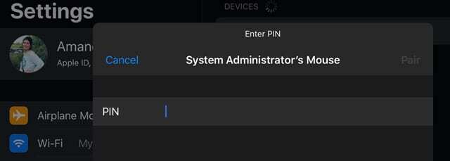 zadejte PIN kód pro podporu myši na iPadOS