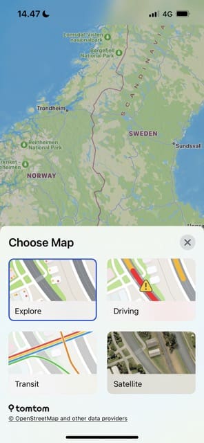 Snímek obrazovky zobrazující okno Vybrat mapu v iOS