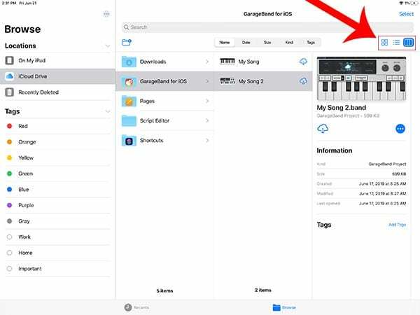 iPadOS फ़ाइलें - स्तंभ दृश्य