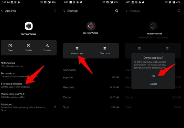 Youtube Vanced - odaberite opciju Clear Storage