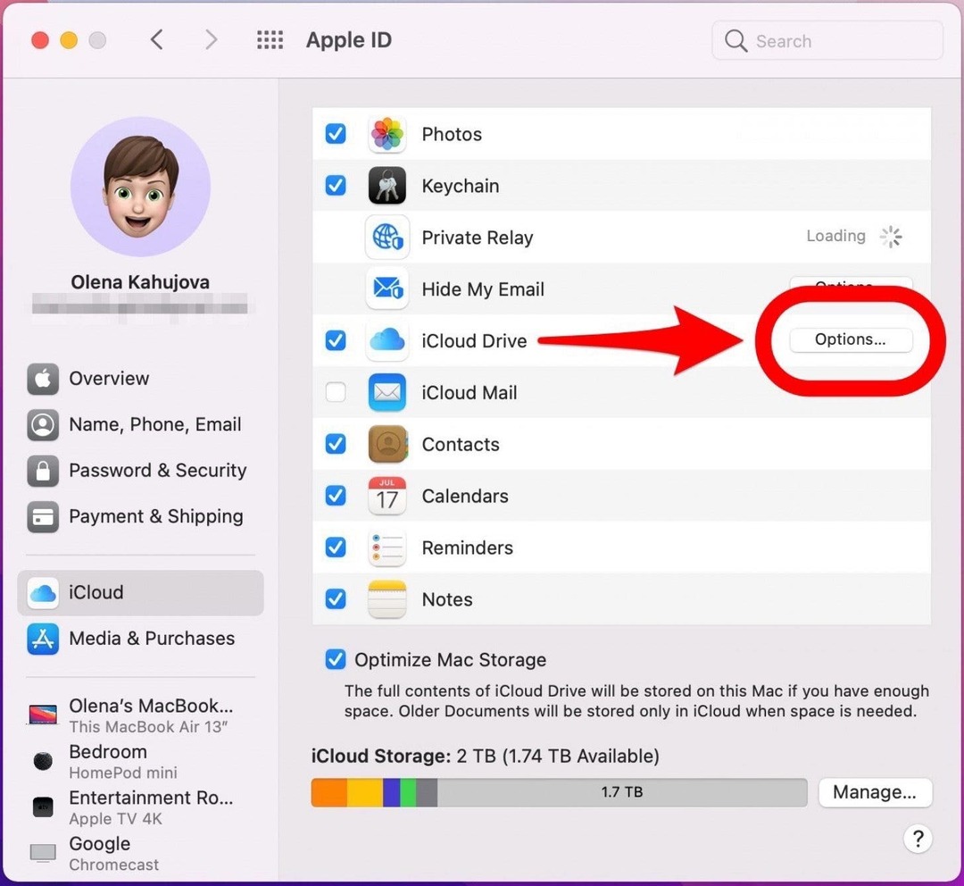 Faceți clic pe butonul Opțiuni - cum să faceți backup pentru Macbook pe icloud