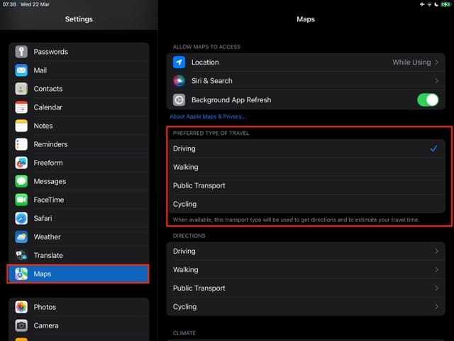 Upřednostňovaný typ cestování Snímek obrazovky Mapy pro iPad