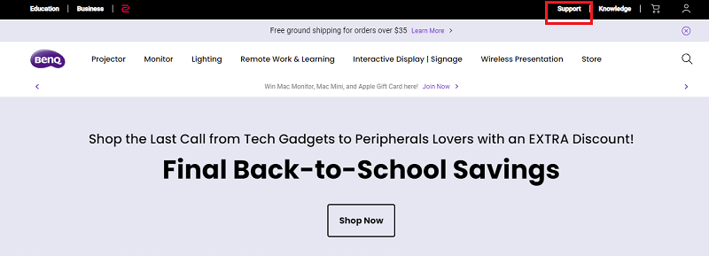Benqs offisielle side - Klikk på Support