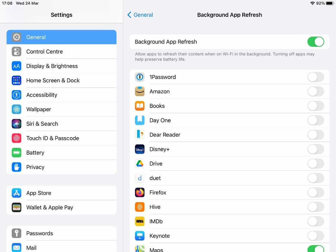 आईपैड पर बैकग्राउंड ऐप रिफ्रेश सेटिंग्स।