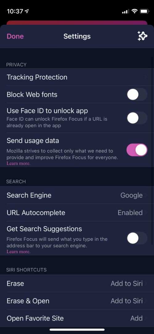 Настройки Firefox Focus