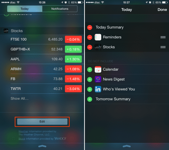 iOS 8 Bildschirm „Heute anpassen“