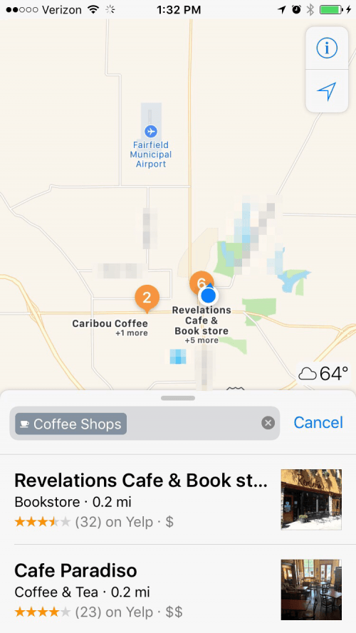 iOS 10의 위젯 화면에서 주변 지도 위치를 검색하는 방법