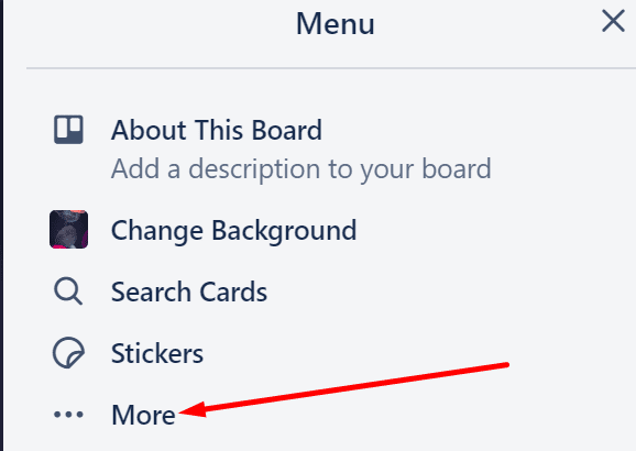 trello board menü további lehetőségek