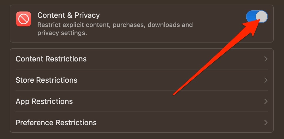 المحتوى والخصوصية تبديل لقطة شاشة Mac