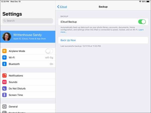 Configurações de backup do iPad