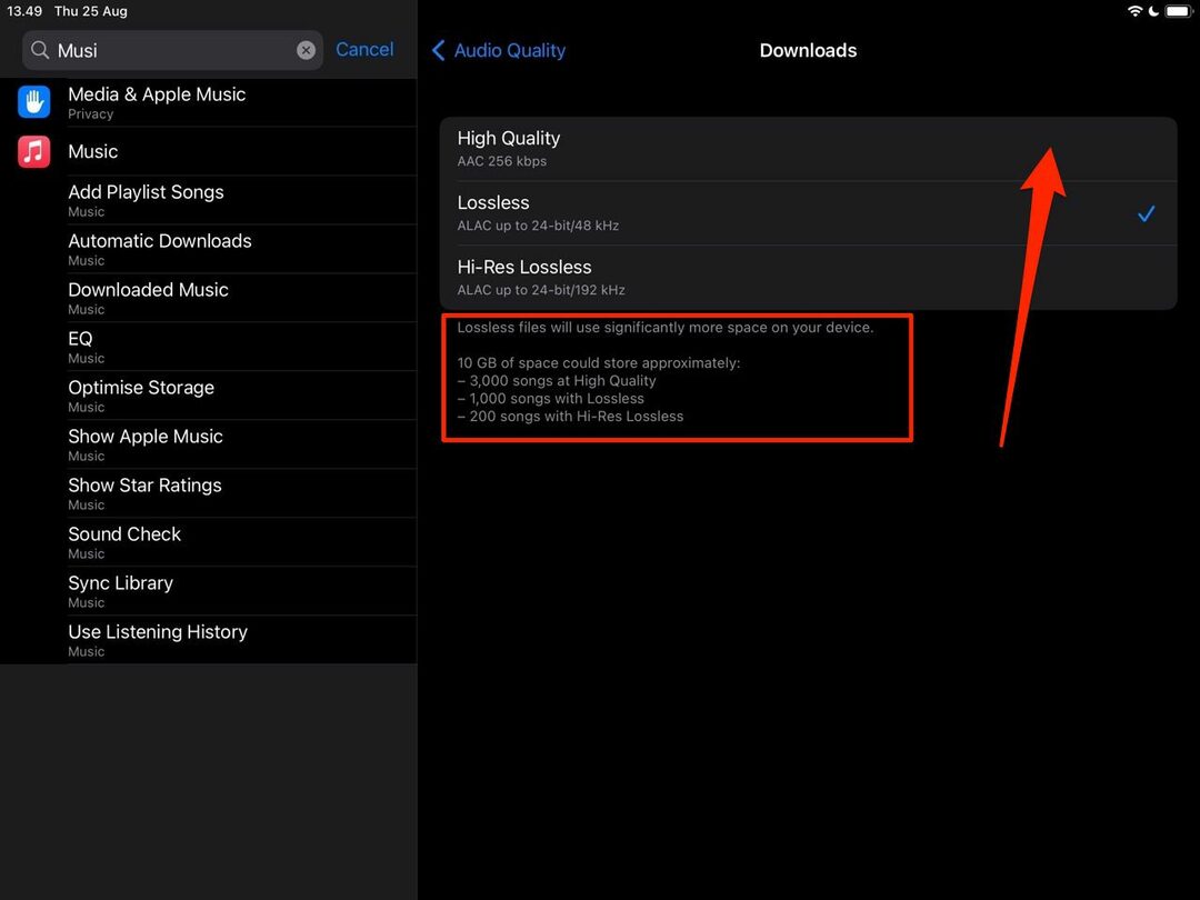 Képernyőkép, amely bemutatja az iPad zenei minőségének megváltoztatását az Apple Music alkalmazásban
