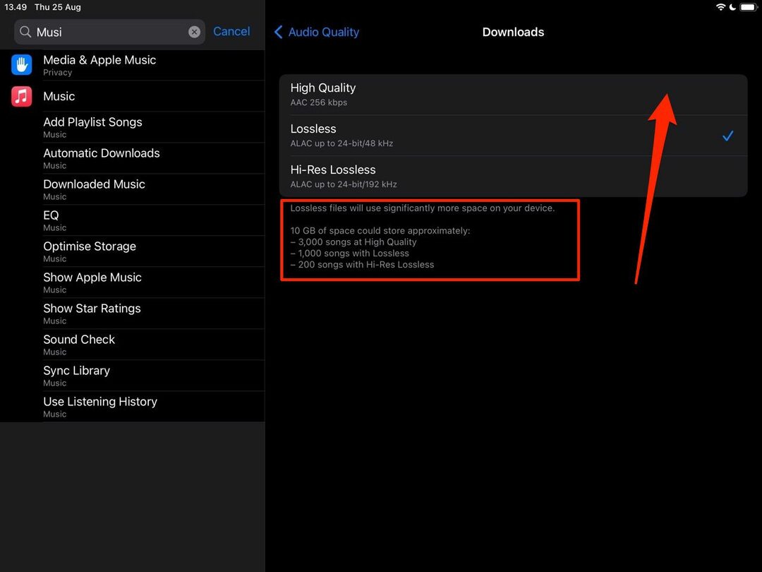 Skjermbilde som viser hvordan du endrer iPad-musikkkvalitet for Apple Music