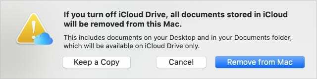 Avviso di iCloud Drive che offre di conservare una copia dei documenti