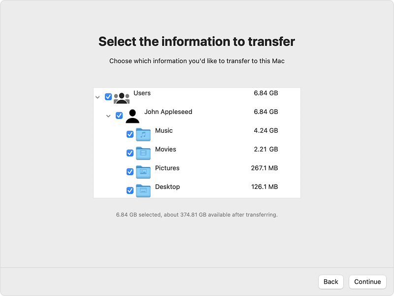 vyberte všechna data, která chcete přenést