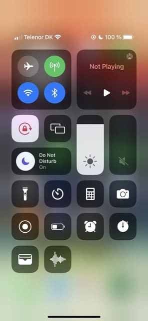 Skærmbillede, der viser iOS Control Center