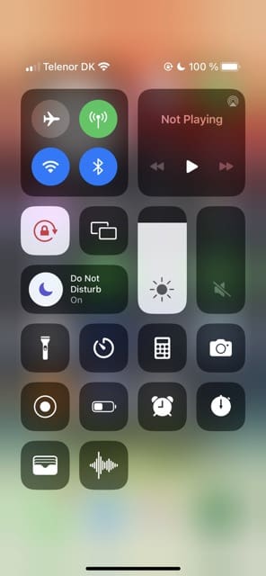 Captura de pantalla que muestra el Centro de control de iOS