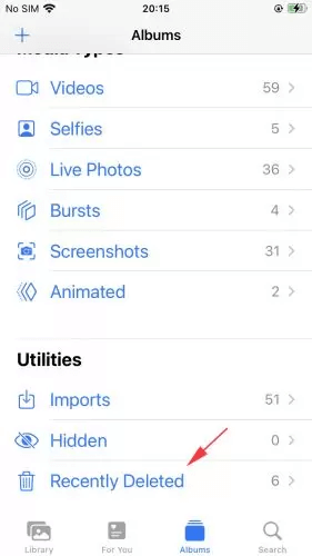 Перейдите в «Альбомы» и выберите «Недавно удаленные».