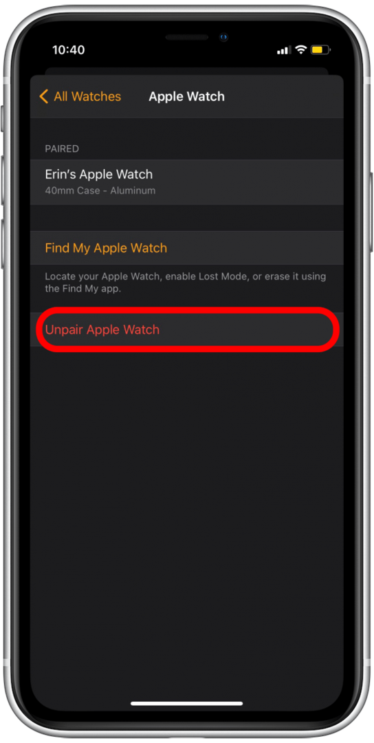 Vyberte Zrušit spárování Apple Watch