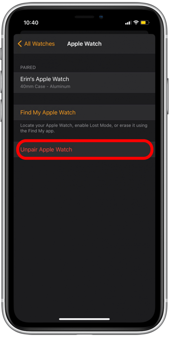 Seleccione Desvincular Apple Watch