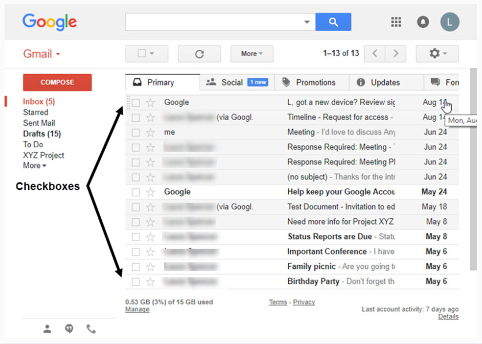 Přihlaste se ke svému účtu Gmail a vyhledejte zaškrtávací políčka