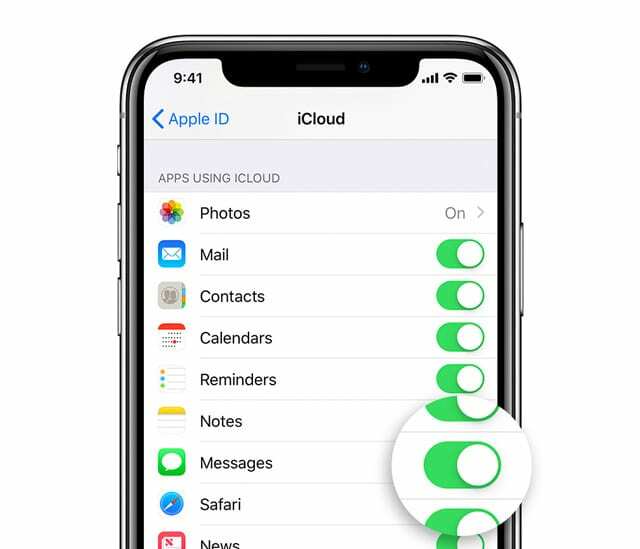 „iCloud“ įjunkite „Messages“.