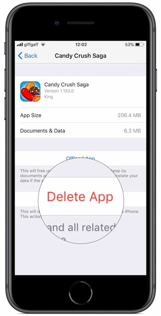Ištrinkite „Candy Crush“ programą iš „iPhone“ nustatymų2