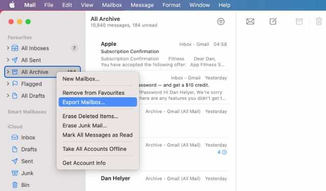 Mac용 Mail 앱의 모든 보관 사서함 내보내기 옵션