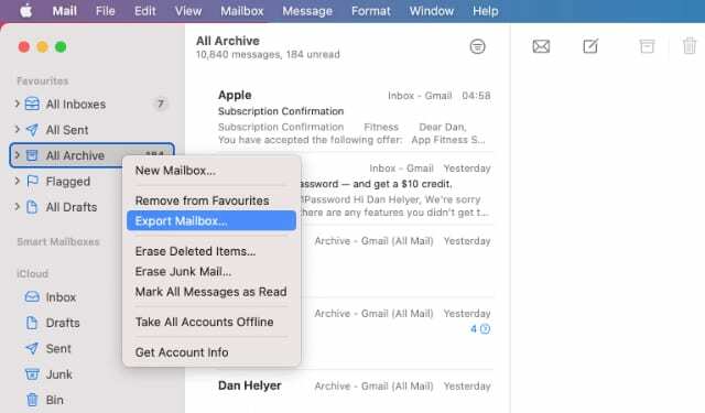 Option Exporter toutes les boîtes aux lettres d'archives dans l'application Mail sur Mac