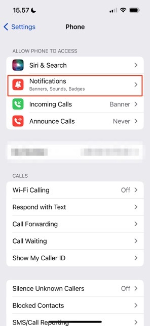 Skärmdump som visar hur du ändrar inställningar för ringsignalaviseringar på iPhone