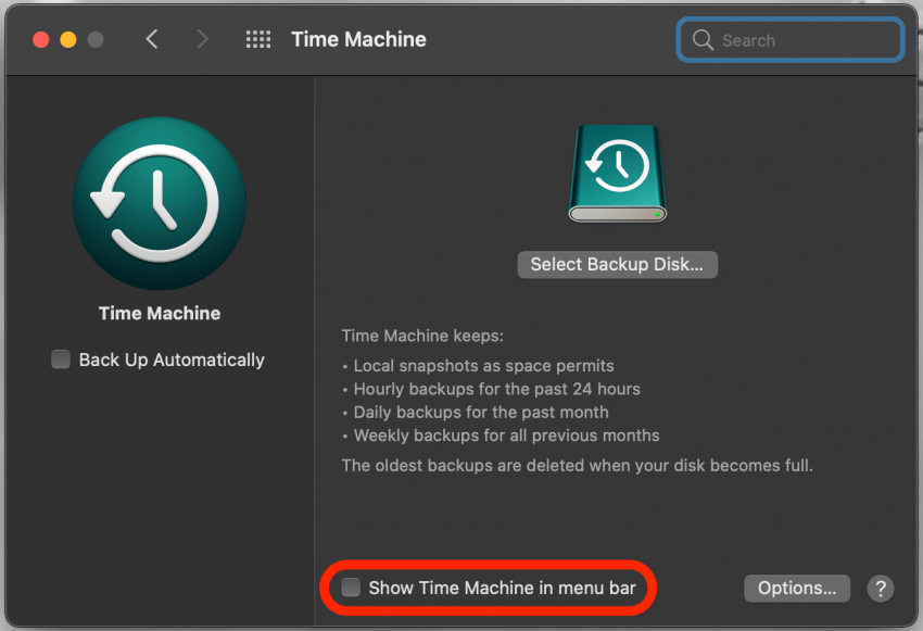 Marker Vis Time Machine i menulinjen