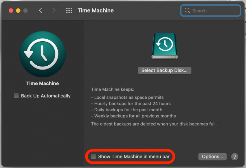 ตรวจสอบ Show Time Machine ในแถบเมนู