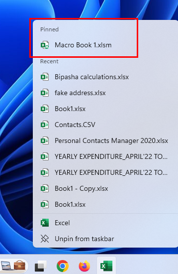 Lista de salto fijada en el icono de la barra de tareas de Excel