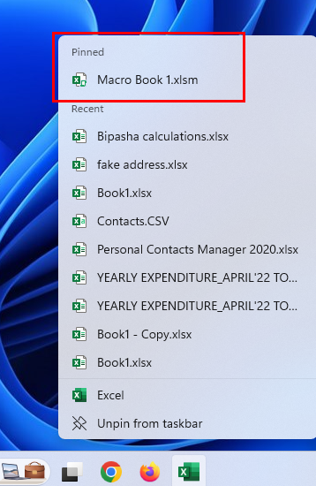 Daftar Langsung yang disematkan pada ikon Excel Taskbar