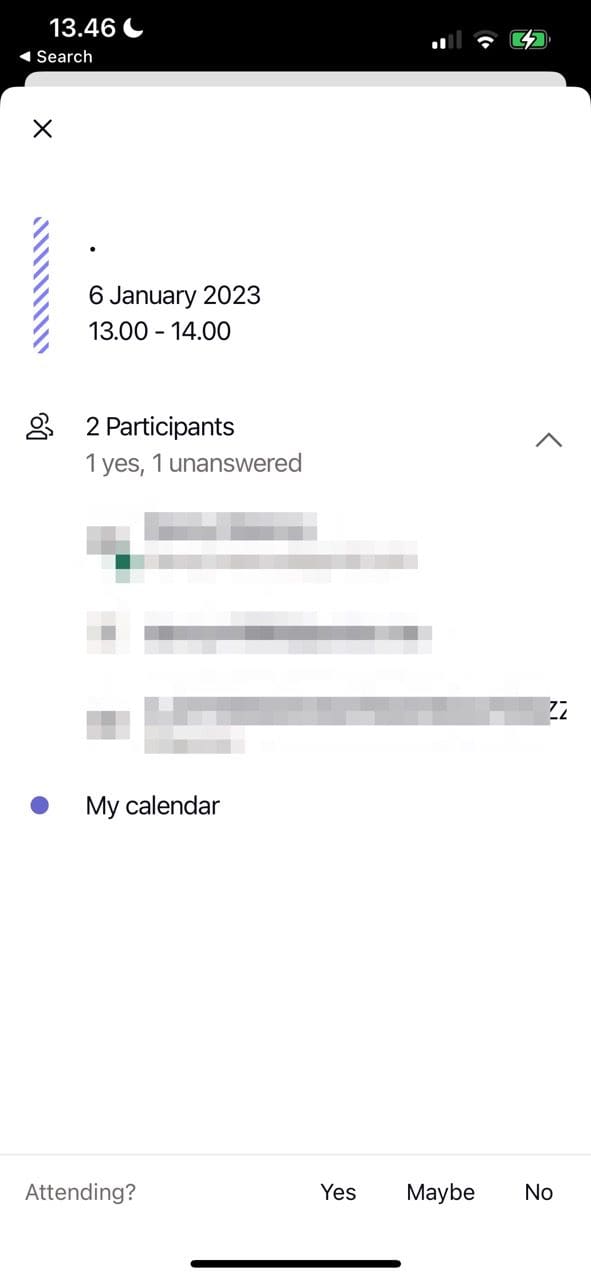 Снимок экрана, показывающий событие, на которое пользователь был приглашен в Proton Calendar