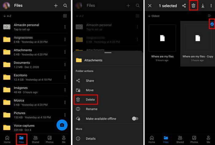 Android OneDrive Изтриване на файлове