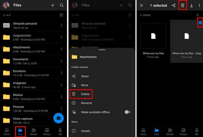 Android OneDrive Cancella file