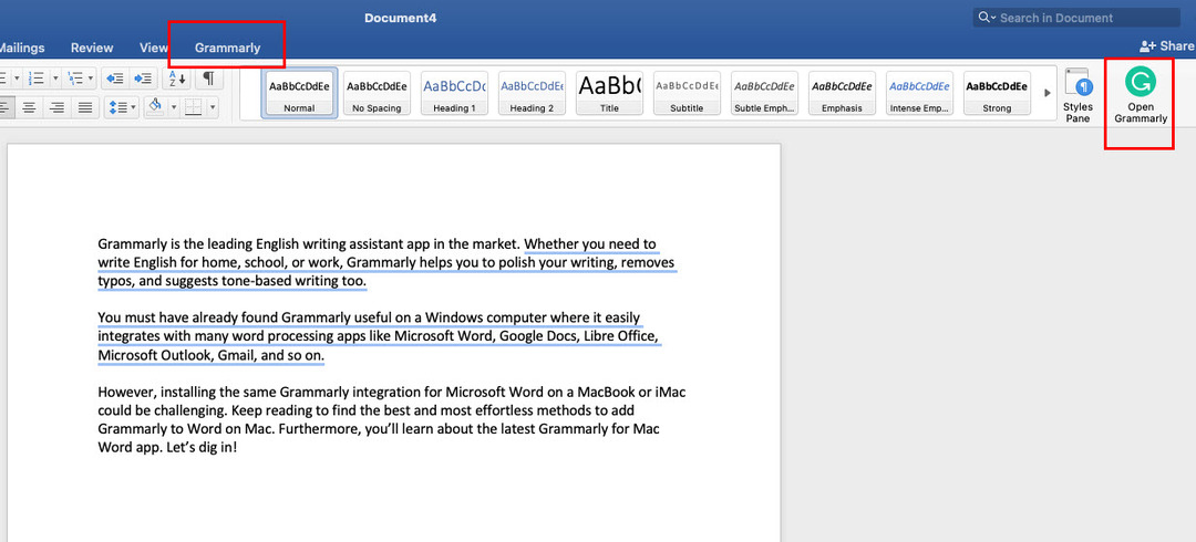 Елементи Grammarly у Microsoft Word для Mac