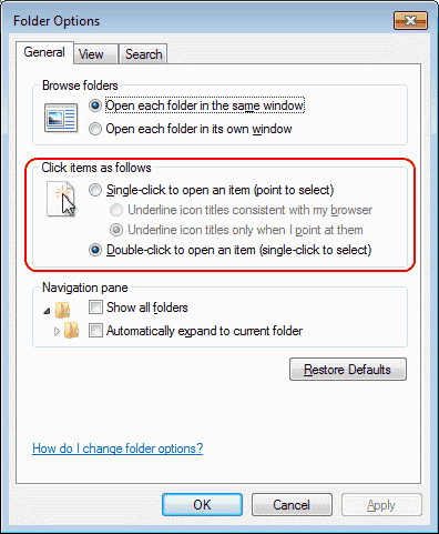 Configurações de clique único do Win7