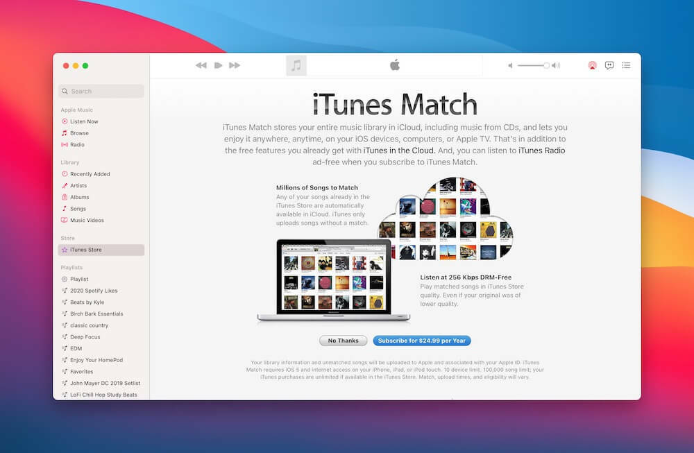 iTunes Match rakenduses Music