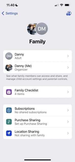 L'interface des paramètres familiaux sur iPhone