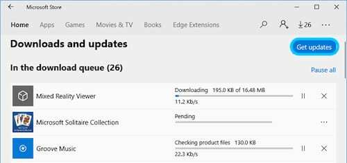 Snímka obrazovky stránky Downloads and Updates z Microsoft Store