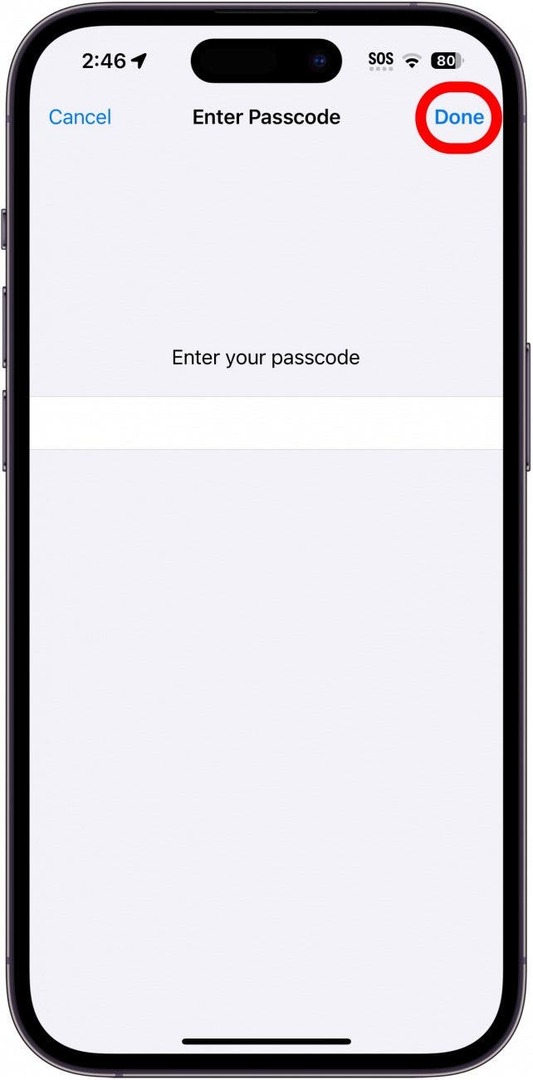 iPhone tilbakestill alle innstillinger passordskjermen med ferdig-knappen sirklet i rødt