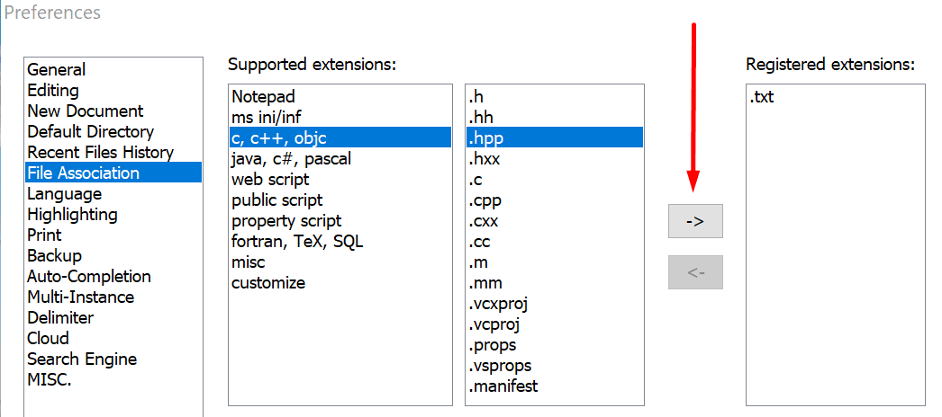 Настройки на Notepad++ за асоцииране на файлове