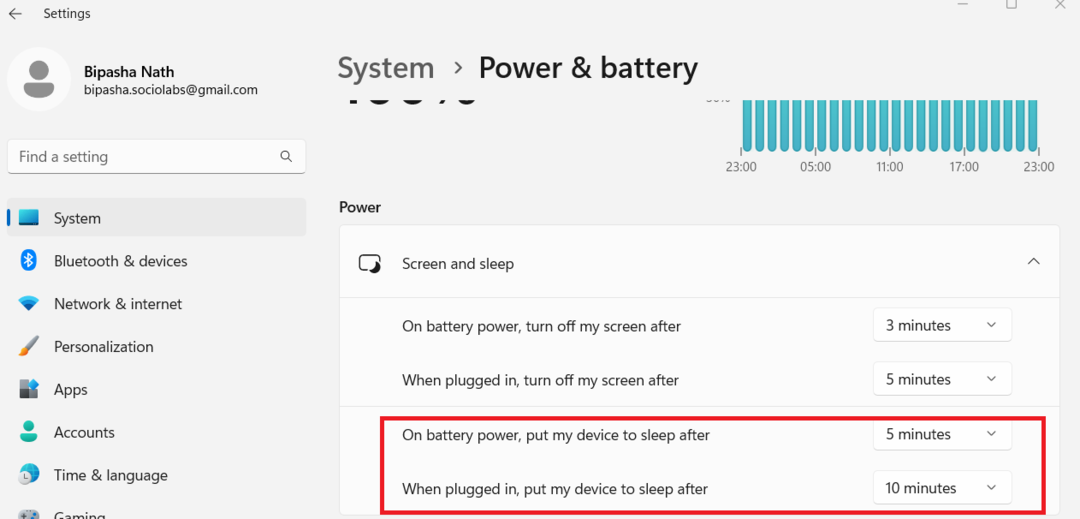 バッテリー電源と接続されたオプションのスリープ時間を有効にする