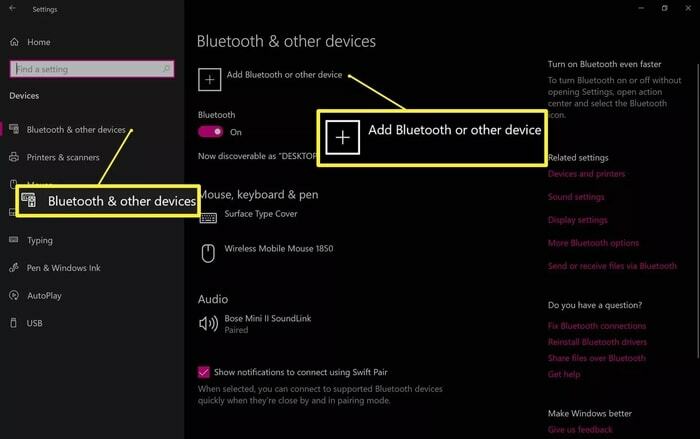 avaa Bluetooth-osio ja napsauta sitten Lisää Bluetoothia tai muita laitteita