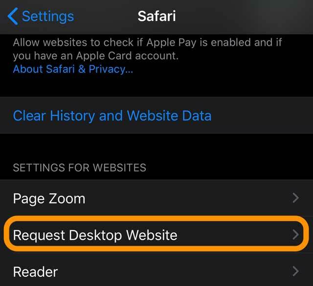 „Safari“ nustatymas darbalaukio svetainės nustatymų užklausai