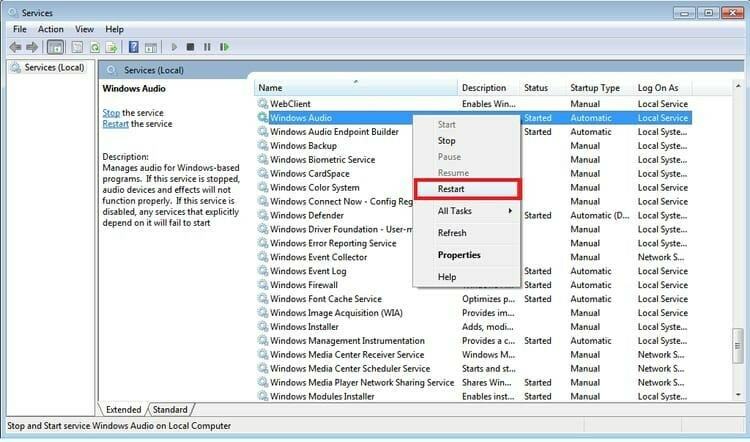 Taaskäivitage Windows Audio Service