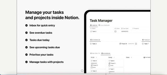 Screenshot, der eine Task-Manager-Vorlage in Notion zeigt