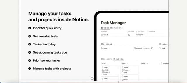 capture d'écran montrant un modèle de gestionnaire de tâches dans notion