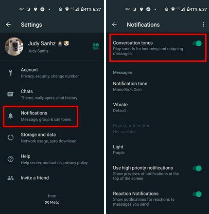 WhatsApp अधिसूचना ध्वनि बंद करें